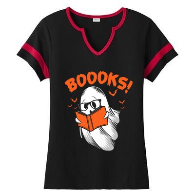 Boooks Moon Ghost Reading Halloween Bookworm Librarian Book Gift Ladies Halftime Notch Neck Tee