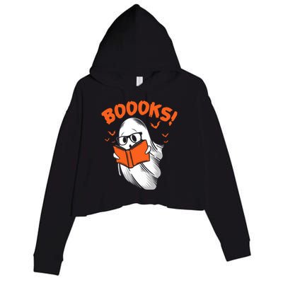 Boooks Moon Ghost Reading Halloween Bookworm Librarian Book Gift Crop Fleece Hoodie