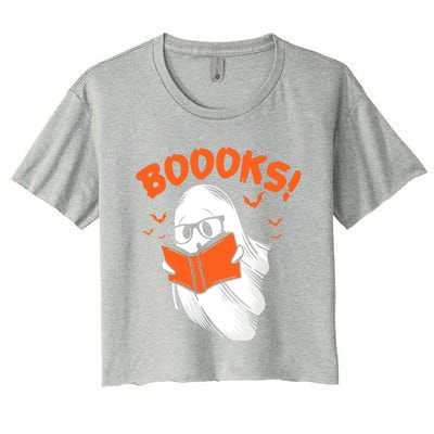 Boooks Moon Ghost Reading Halloween Bookworm Librarian Book Gift Women's Crop Top Tee