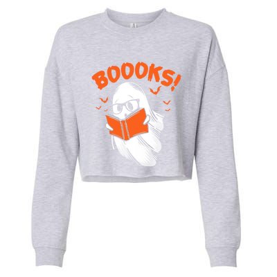 Boooks Moon Ghost Reading Halloween Bookworm Librarian Book Gift Cropped Pullover Crew