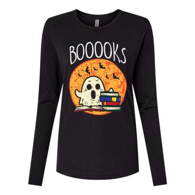 Boooks Moon Ghost Halloween Bookworm Librarian Teacher Book Great Gift Womens Cotton Relaxed Long Sleeve T-Shirt