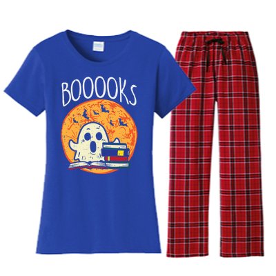 Boooks Moon Ghost Halloween Bookworm Librarian Teacher Book Great Gift Women's Flannel Pajama Set