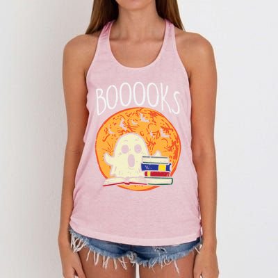 Boooks Moon Ghost Halloween Bookworm Librarian Teacher Book Great Gift Women's Knotted Racerback Tank