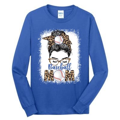 Baseball Mom Game Day Messy Bun Leopard Mothers Day Gift Tall Long Sleeve T-Shirt