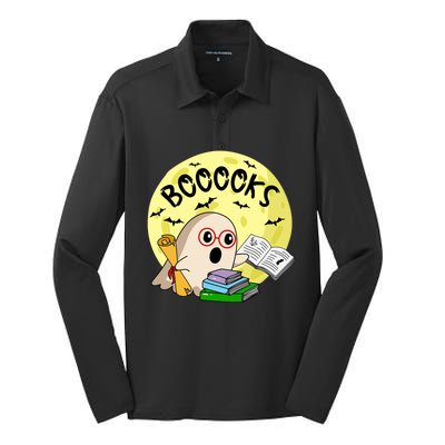 Boooks Moon Ghost Halloween Bookworm Reading Lover Gift Silk Touch Performance Long Sleeve Polo