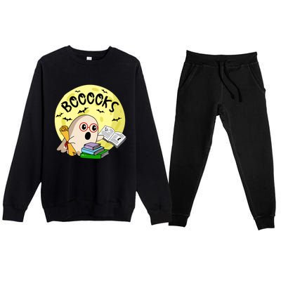 Boooks Moon Ghost Halloween Bookworm Reading Lover Gift Premium Crewneck Sweatsuit Set