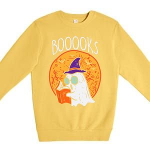 Boooks Moon Ghost Reading Halloween Bookworm Librarian Book Cool Gift Premium Crewneck Sweatshirt