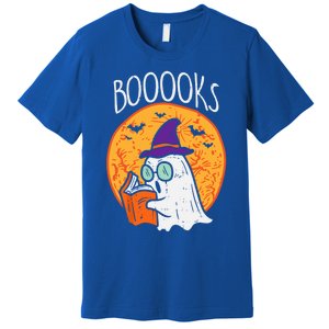 Boooks Moon Ghost Reading Halloween Bookworm Librarian Book Cool Gift Premium T-Shirt