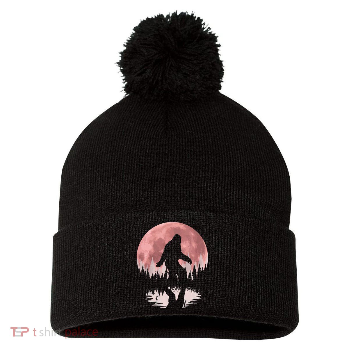 Bigfoot Moon Graphic Night Forest! Cool Sasquatch Pom Pom 12in Knit Beanie
