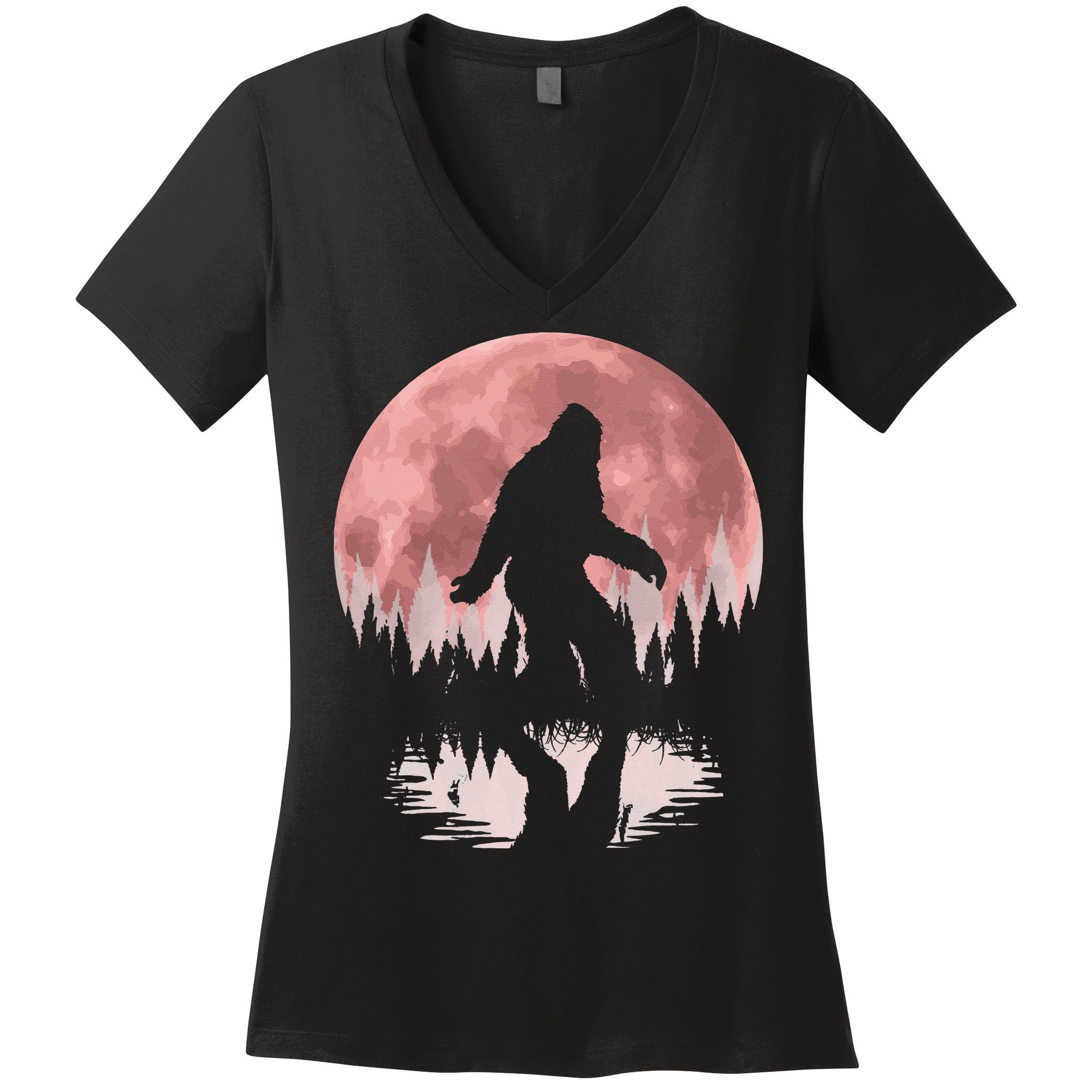 Bigfoot Moon Graphic Night Forest! Cool Sasquatch Women's V-Neck T-Shirt