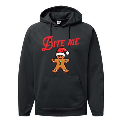 Bite Me Gingerbread Cookie Funny Sarcastic Christmas Holiday Performance Fleece Hoodie