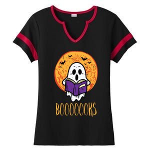 Boooks Moon Ghost Reading Halloween Bookworm Librarian Book Ladies Halftime Notch Neck Tee