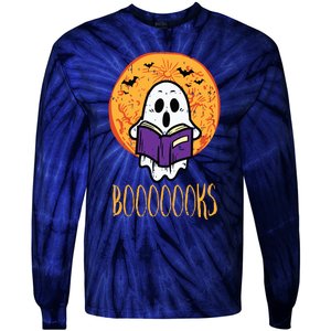 Boooks Moon Ghost Reading Halloween Bookworm Librarian Book Tie-Dye Long Sleeve Shirt