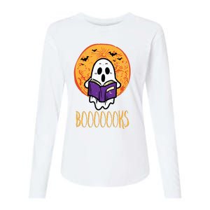 Boooks Moon Ghost Reading Halloween Bookworm Librarian Book Womens Cotton Relaxed Long Sleeve T-Shirt