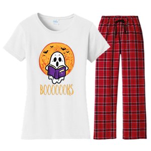 Boooks Moon Ghost Reading Halloween Bookworm Librarian Book Women's Flannel Pajama Set