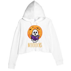 Boooks Moon Ghost Reading Halloween Bookworm Librarian Book Crop Fleece Hoodie