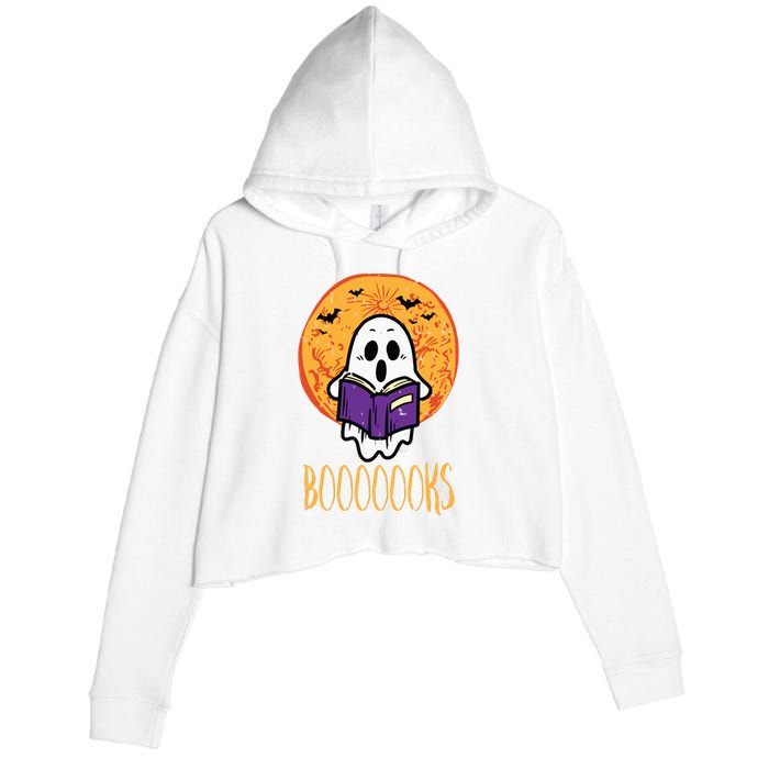 Boooks Moon Ghost Reading Halloween Bookworm Librarian Book Crop Fleece Hoodie