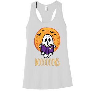 Boooks Moon Ghost Reading Halloween Bookworm Librarian Book Women's Racerback Tank