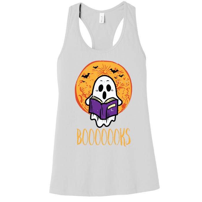 Boooks Moon Ghost Reading Halloween Bookworm Librarian Book Women's Racerback Tank