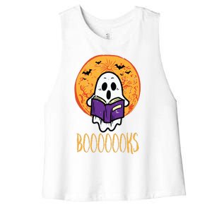 Boooks Moon Ghost Reading Halloween Bookworm Librarian Book Women's Racerback Cropped Tank