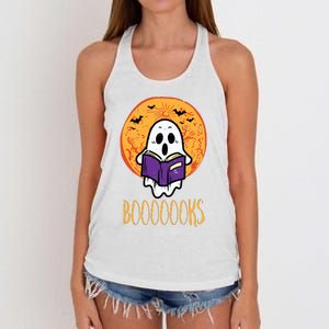 Boooks Moon Ghost Reading Halloween Bookworm Librarian Book Women's Knotted Racerback Tank