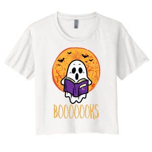 Boooks Moon Ghost Reading Halloween Bookworm Librarian Book Women's Crop Top Tee