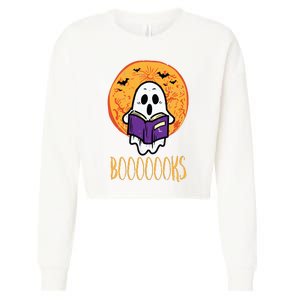 Boooks Moon Ghost Reading Halloween Bookworm Librarian Book Cropped Pullover Crew