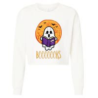 Boooks Moon Ghost Reading Halloween Bookworm Librarian Book Cropped Pullover Crew