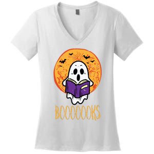 Boooks Moon Ghost Reading Halloween Bookworm Librarian Book Women's V-Neck T-Shirt