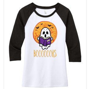 Boooks Moon Ghost Reading Halloween Bookworm Librarian Book Women's Tri-Blend 3/4-Sleeve Raglan Shirt