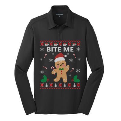 Bite Me Gingerbread Ugly Christmas Sweater Funny Gift Meaningful Gift Silk Touch Performance Long Sleeve Polo