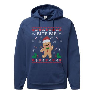 Bite Me Gingerbread Ugly Christmas Sweater Funny Gift Meaningful Gift Performance Fleece Hoodie