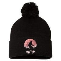 Bigfoot Moon Graphic Night Forest! Cool Sasquatch Pom Pom 12in Knit Beanie