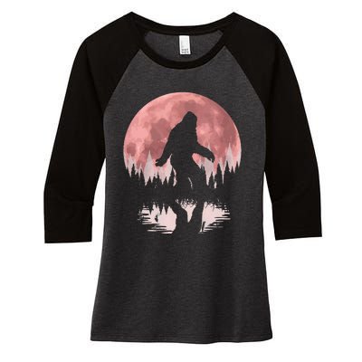 Bigfoot Moon Graphic Night Forest! Cool Sasquatch Women's Tri-Blend 3/4-Sleeve Raglan Shirt