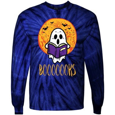 Boooks Moon Ghost Reading Halloween Bookworm Librarian Book Tie-Dye Long Sleeve Shirt