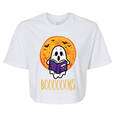 Boooks Moon Ghost Reading Halloween Bookworm Librarian Book Bella+Canvas Jersey Crop Tee