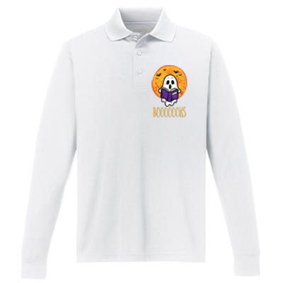 Boooks Moon Ghost Reading Halloween Bookworm Librarian Book Performance Long Sleeve Polo