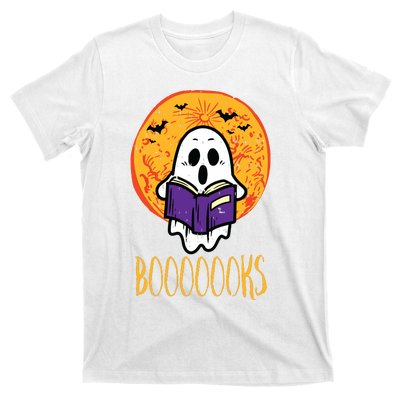 Boooks Moon Ghost Reading Halloween Bookworm Librarian Book T-Shirt