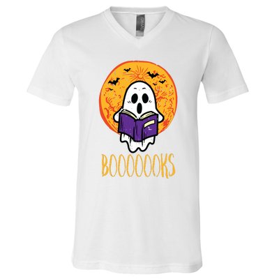 Boooks Moon Ghost Reading Halloween Bookworm Librarian Book V-Neck T-Shirt