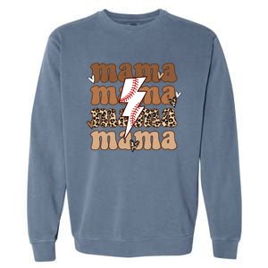 Baseball Mama Groovy Retro Son Baseball Team Mom Leopard Great Gift Garment-Dyed Sweatshirt