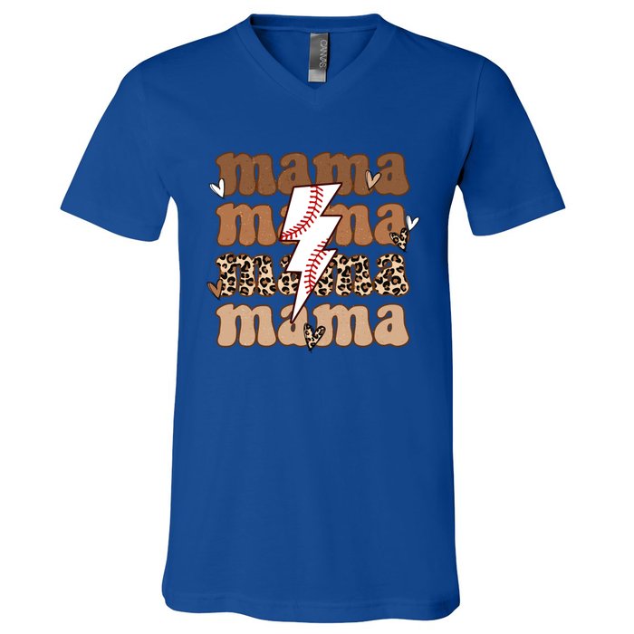 Baseball Mama Groovy Retro Son Baseball Team Mom Leopard Great Gift V-Neck T-Shirt