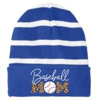 Baseball Mom Gift Leopard Print Cursive Script Cool Gift Striped Beanie with Solid Band