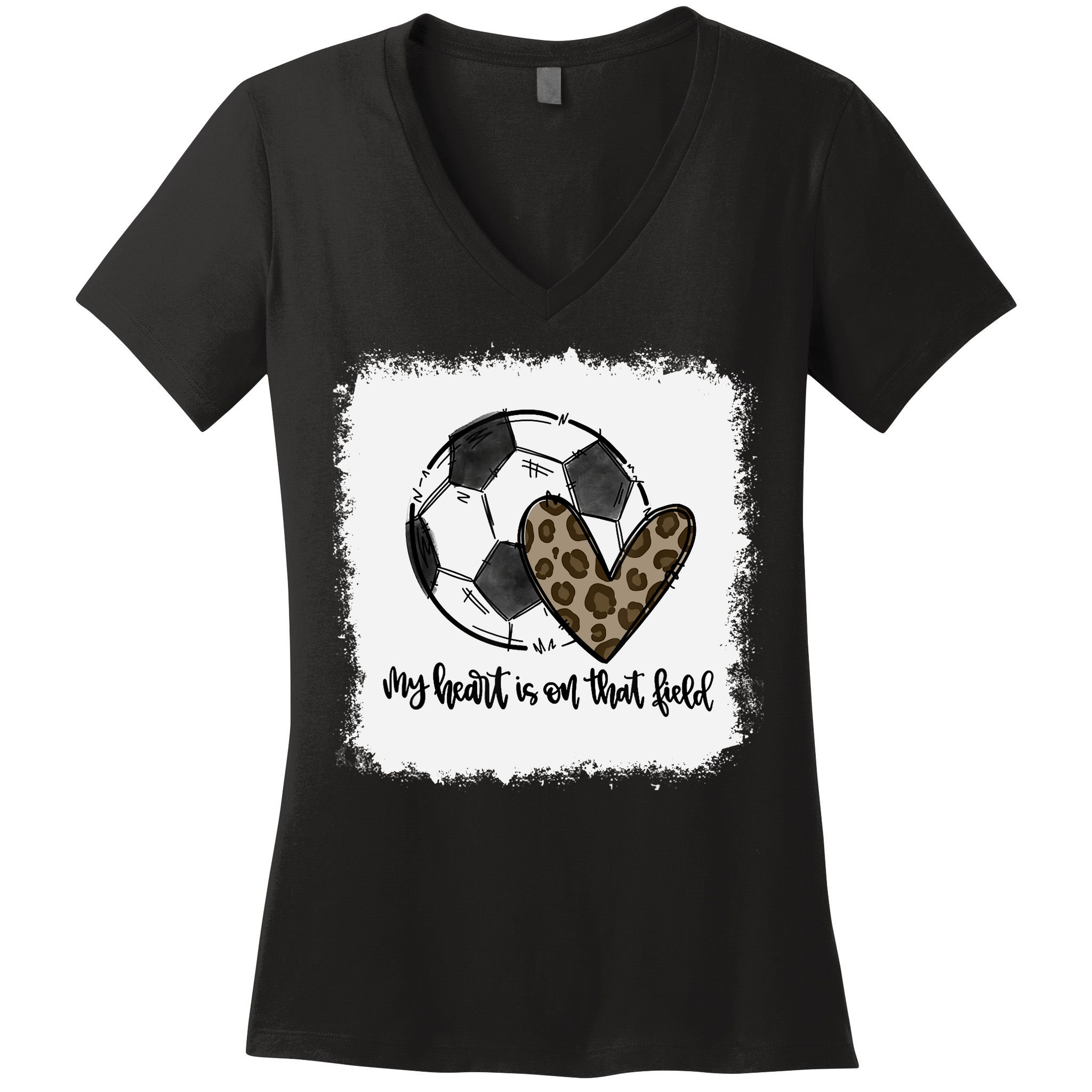 Bleached My Heart Is On That Field Soccer Mom Leopard Women's V-Neck T-Shirt