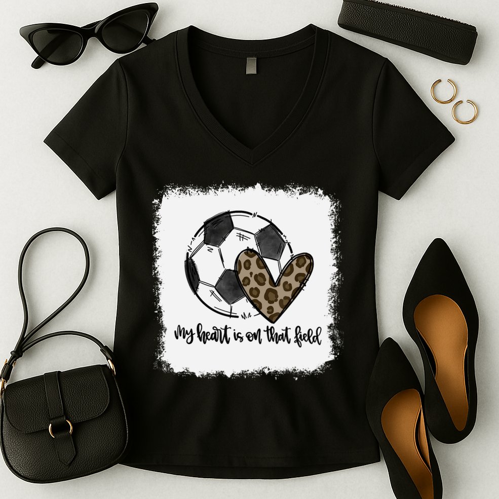 Bleached My Heart Is On That Field Soccer Mom Leopard Women's V-Neck T-Shirt
