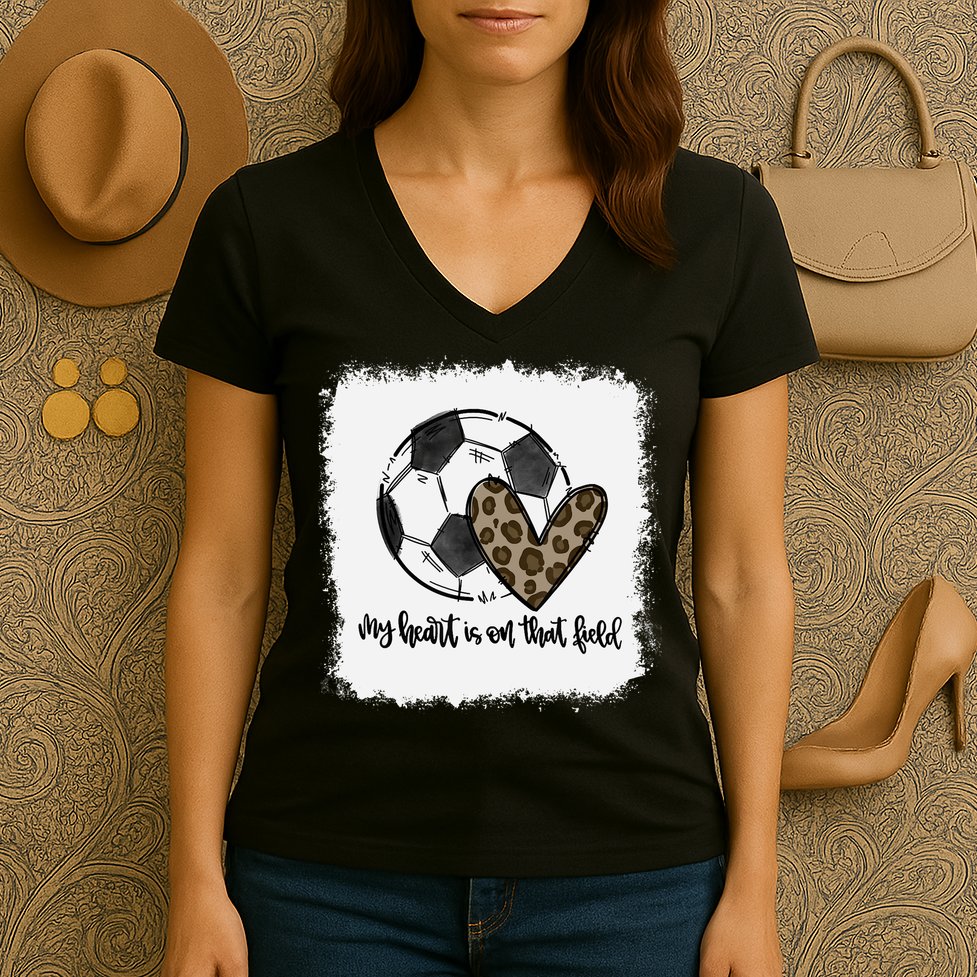 Bleached My Heart Is On That Field Soccer Mom Leopard Women's V-Neck T-Shirt