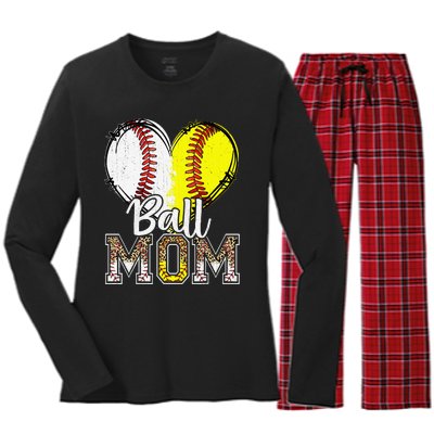 Ball Mom Heart Funny Baseball Soccer Mom Women's Long Sleeve Flannel Pajama Set 