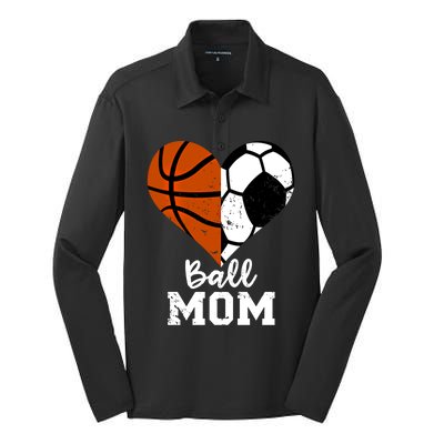 Ball Mom Heart Funny Soccer Basketball Mom Gift Silk Touch Performance Long Sleeve Polo