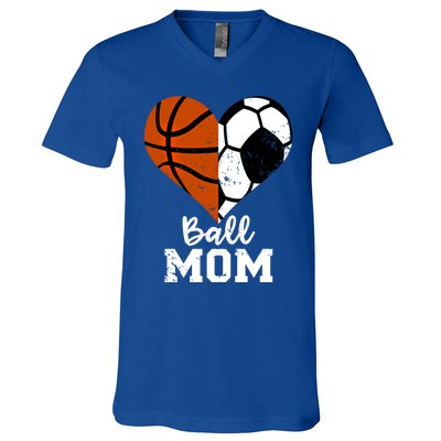 Ball Mom Heart Funny Soccer Basketball Mom Gift V-Neck T-Shirt