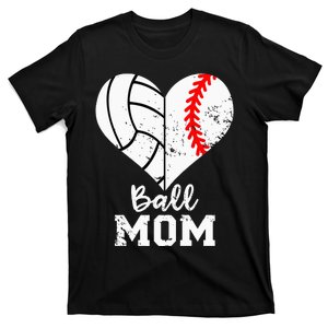 Ball Mom Heart Funny Baseball Volleyball Mom T-Shirt