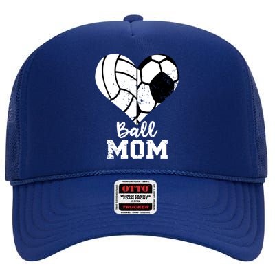 Ball Mom Heart Funny Soccer Volleyball Mom Gift High Crown Mesh Back Trucker Hat